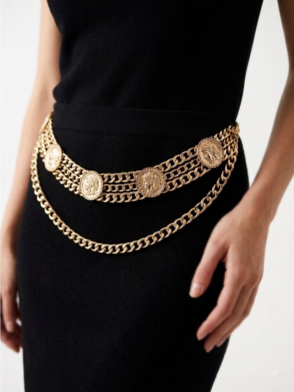 Vintage 80s / 90s Gold Multi-Strand Coin Medallion Chain Belt - Large / XL